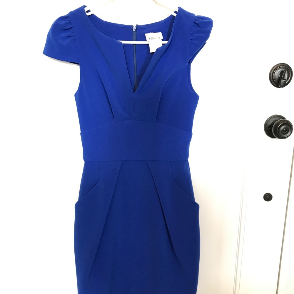Blue fitted dress.