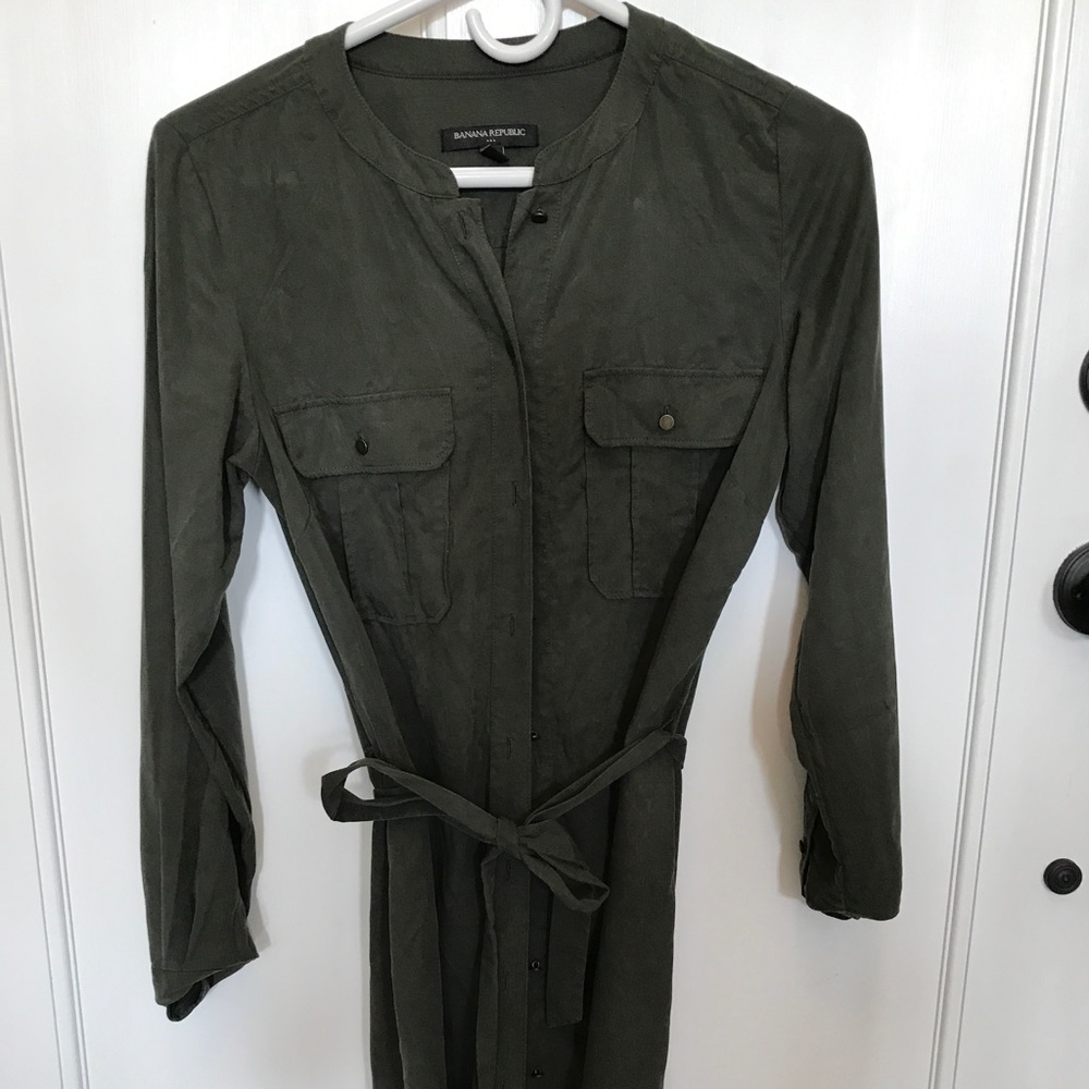 Olive green, Banana Republic shirt dress.