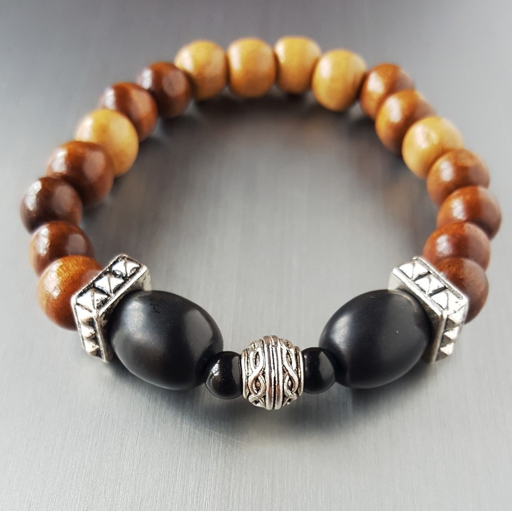 Men Jet Stone Wood Bead Bracelet