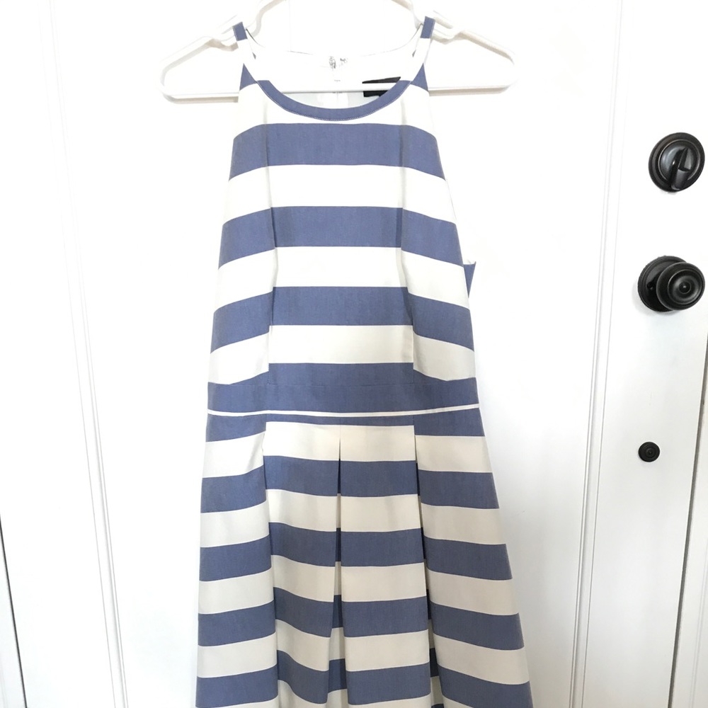 Blue and white striped, midi dress.