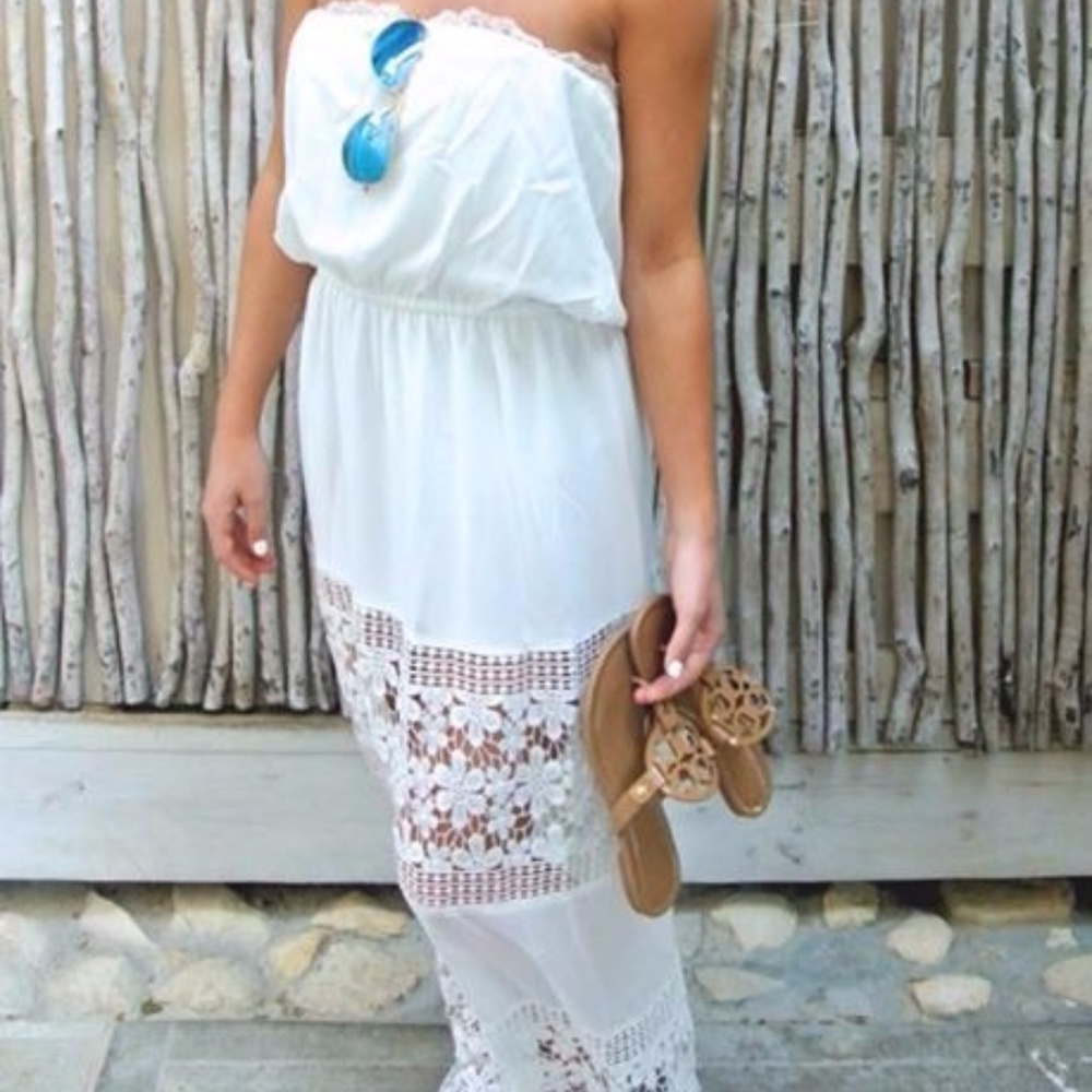 Strapless white lace maxi dress