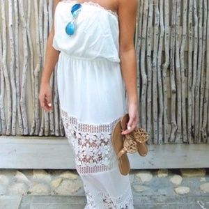 Strapless white lace maxi dress