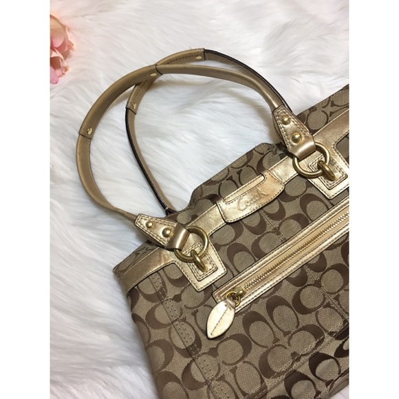 Coach Handbags - ❗️Coach Gold Leather Fabric Print Shoulder Handbag