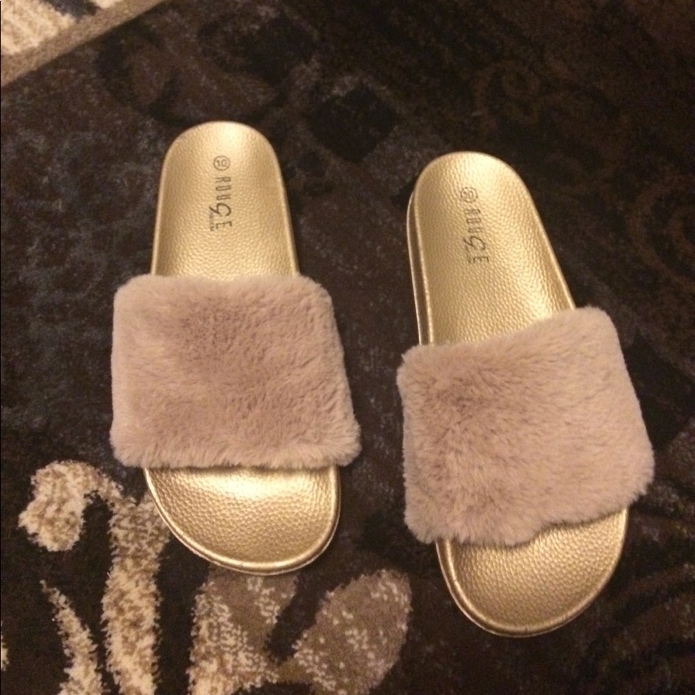 Rose gold fuzzy slippers