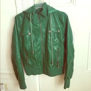 Hooded Faux Leather Bomber Jacket