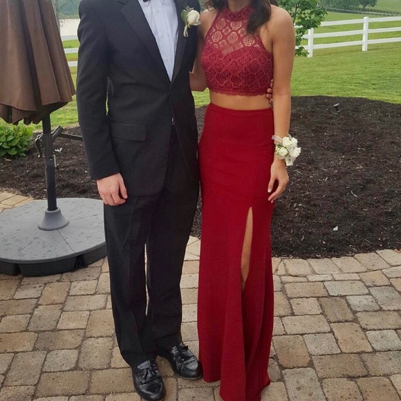 Burgundy Two-Piece Prom Dress - Picture 3 of 5