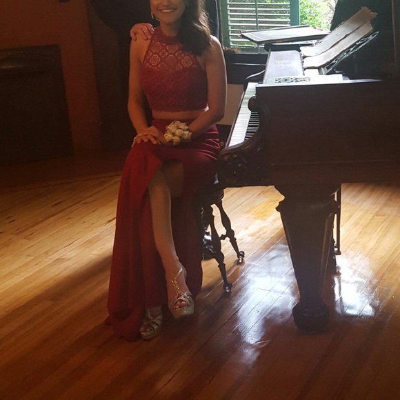 Burgundy Two-Piece Prom Dress - Picture 4 of 5