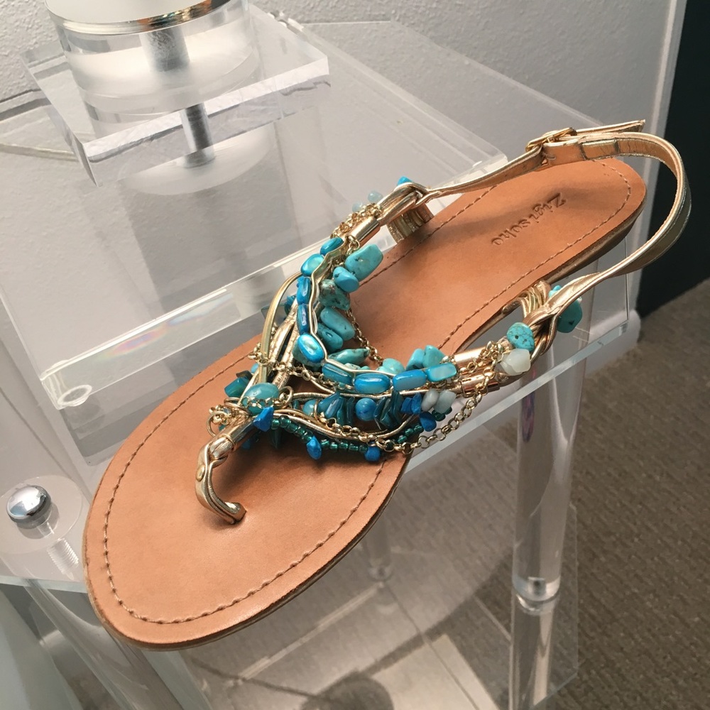 Turquoise Beaded Sandals with Gold Chains / Straps