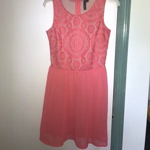 coral with nude underlay sleeveless dress