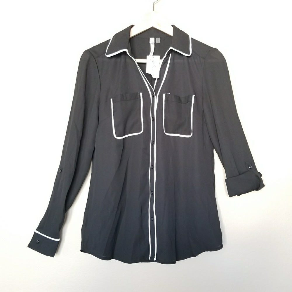 NY Collection Black White Button Down Shirt Top XS