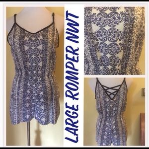 New with Tags blue white paisley romper adjustable