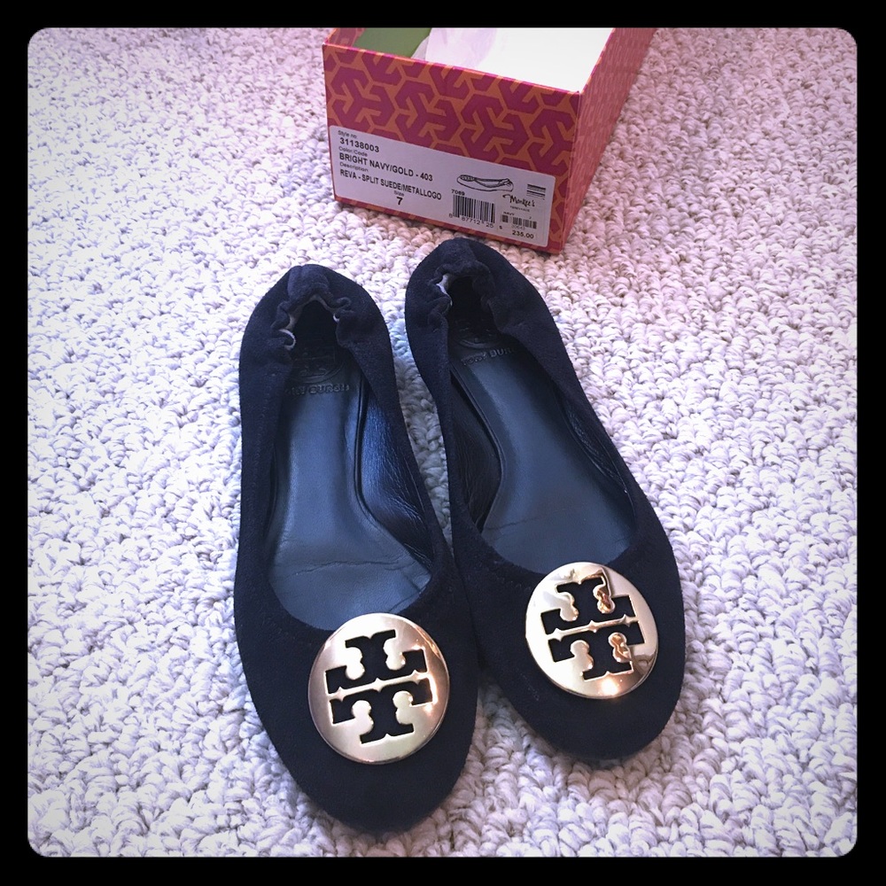 Tory Burch Reva flats. Navy suede with gold logo