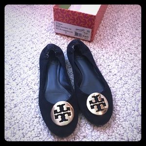 Tory Burch Reva flats. Navy suede with gold logo