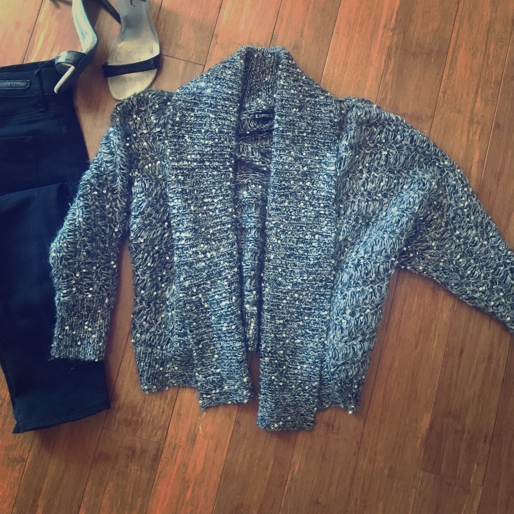 Express Sequin Embellished Open Knit Cardigan