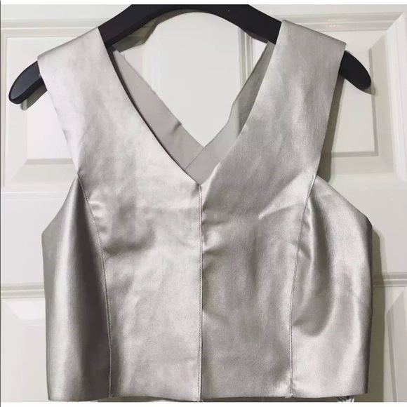 ZARA WOMENS LEATHER METALLIC SILVER CROP TOP | S M - Picture 5 of 6