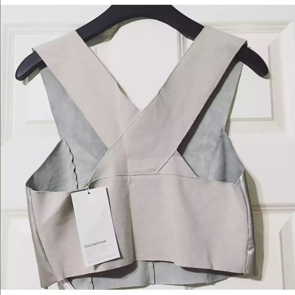 ZARA WOMENS LEATHER METALLIC SILVER CROP TOP | S M - Picture 6 of 6