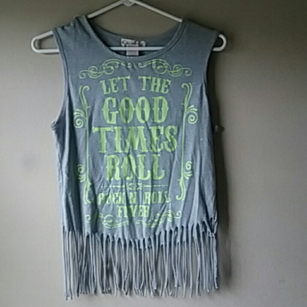 a fringe, grey, rock band shirt