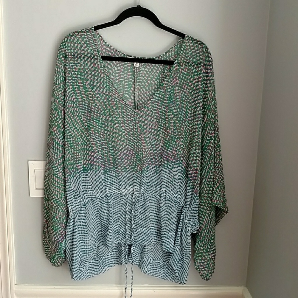 CAbi sheer drawstring top. Machine wash, line dry