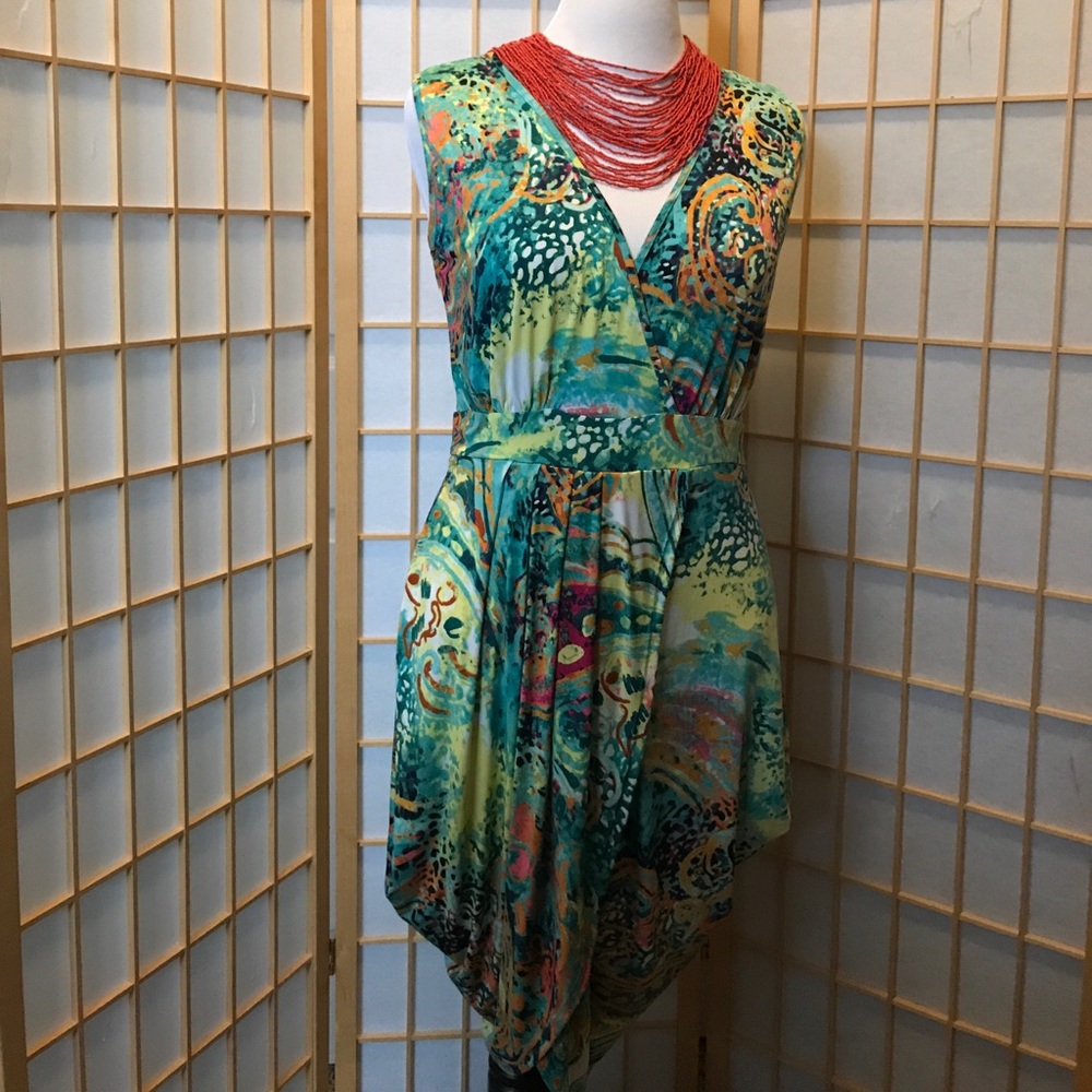 Multi-color eclectic faux wrap dress