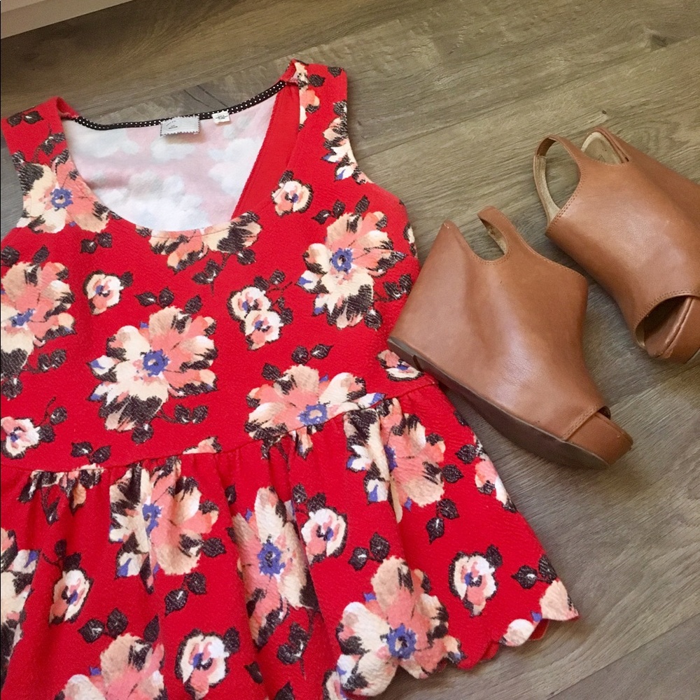 Anthropologie Red Floral Print Peplum top