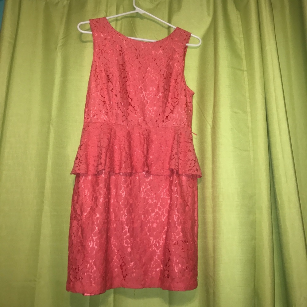 Peach lace dress with string holes for a belt