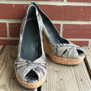 Stuart Weitzman peep toe snakeskin wedge 9.5