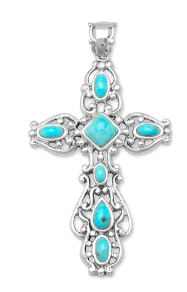 ORNATE RECONSTITUTED TURQUOISE CROSS PENDANT