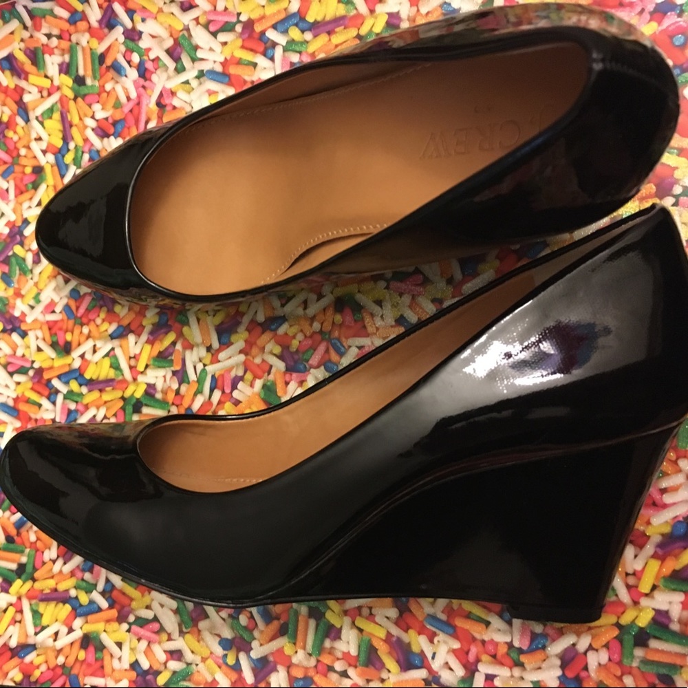 J.Crew black patented leather wedges