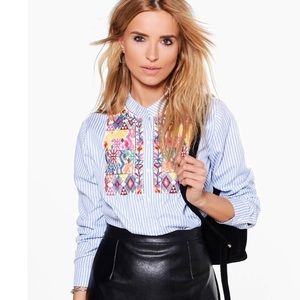 Boohoo: Daisy Striped Embroidered Shirt Size Small