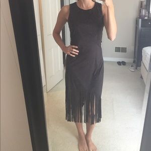 NEVER BEFORE WORN black felt, fringe dress