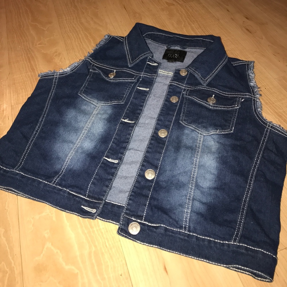 Distressed Dark Denim Sleeveless Jean Jacket