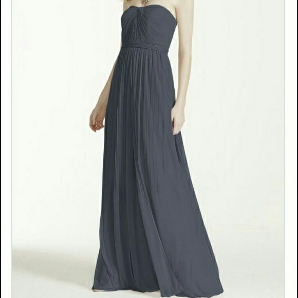 David's bridal Pewter Versa mesh bridesmaid dress