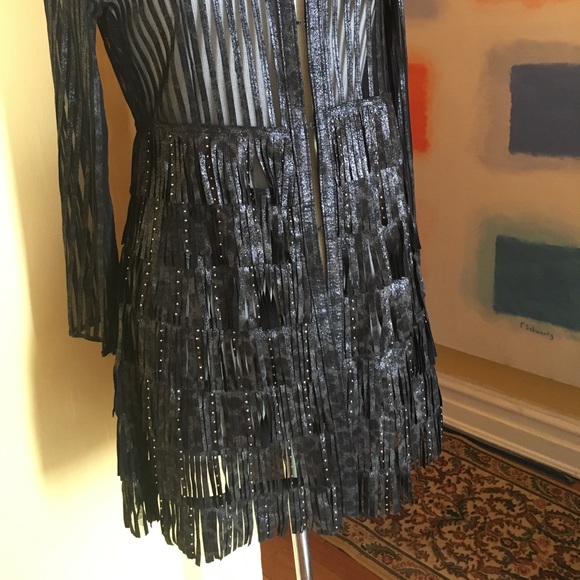 Caban Romantic Fringe Leather Long Sleeves Coat - Picture 2 of 8