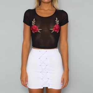 NEW Tory Black Mesh Floral Embroidered Crop Top