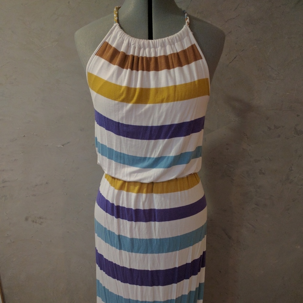 White Multi-Striped Halter Maxi Dress