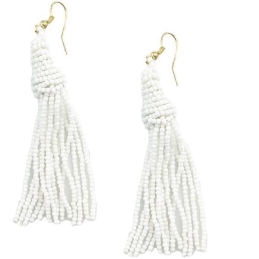 Pearl Colored Beaded Tassel Earrings
