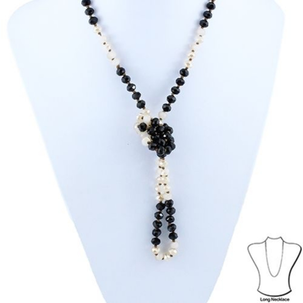 Long Necklace Black Cream Beads Southwest 36"