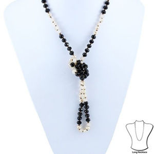 Long Necklace Black Cream Beads Southwest 36"
