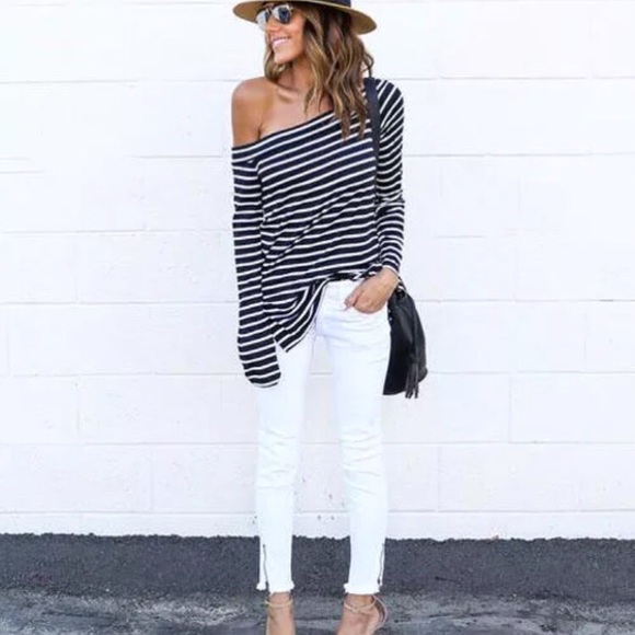 🆕 EMILY Striped Off The Shoulder Tunic Tee - Picture 4 of 8