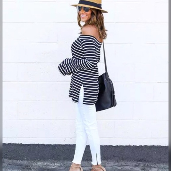 🆕 EMILY Striped Off The Shoulder Tunic Tee - Picture 5 of 8
