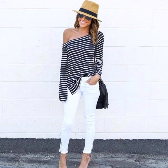 🆕 EMILY Striped Off The Shoulder Tunic Tee - Picture 6 of 8