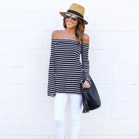 🆕 EMILY Striped Off The Shoulder Tunic Tee - Picture 2 of 8