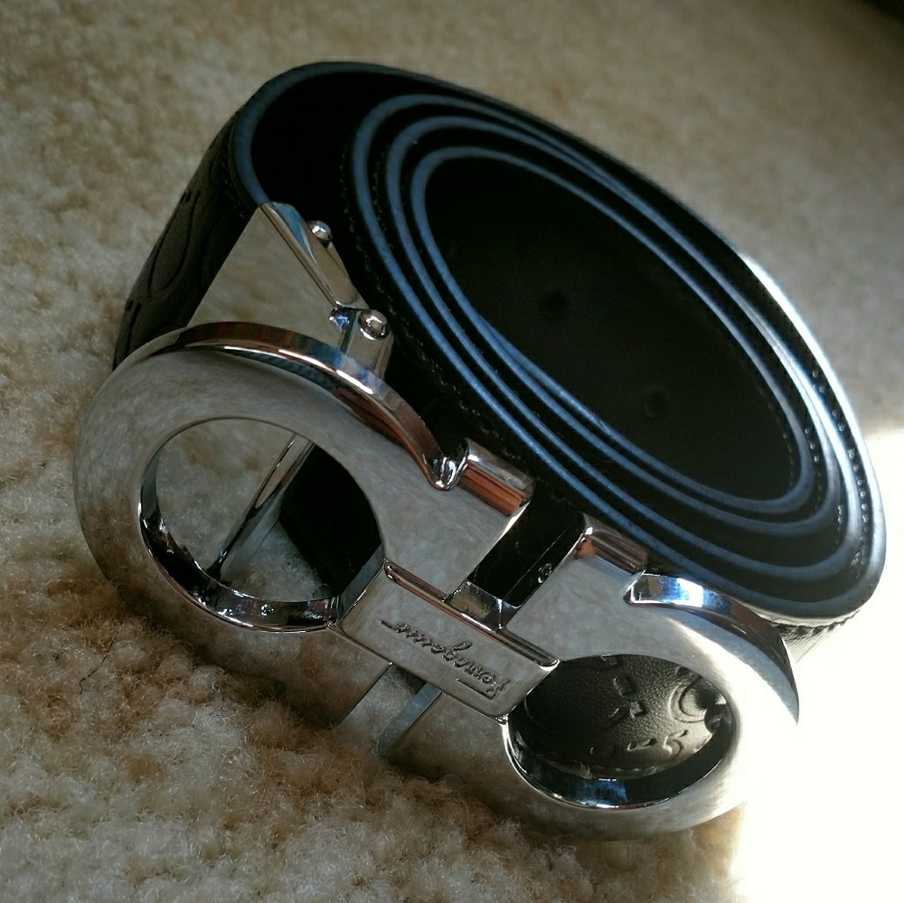SALVATORE FERRAGAMO MENS SILVER BUCKLE BLACK BROWN