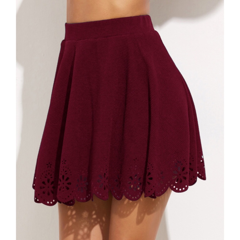 NWT Maroon Laser Cut Floral Scallop Skirt