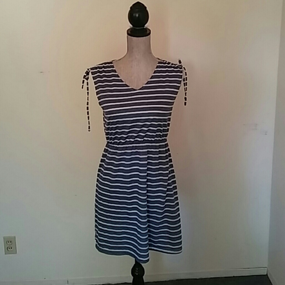 Navy White V-Neck  Striped Dress