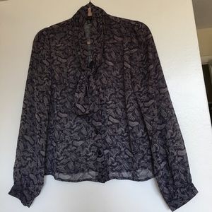 Sheer paisley button down with bow front