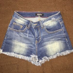 High waisted blue denim shorts