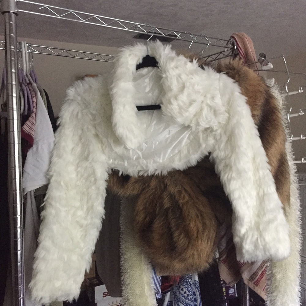 White faux fur shrug