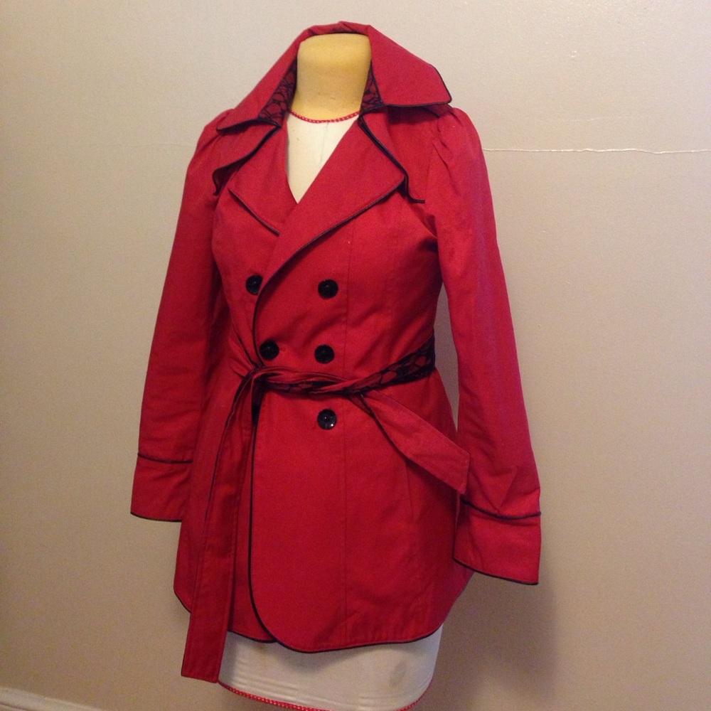 Betsey Johnson red trench with black lace trim