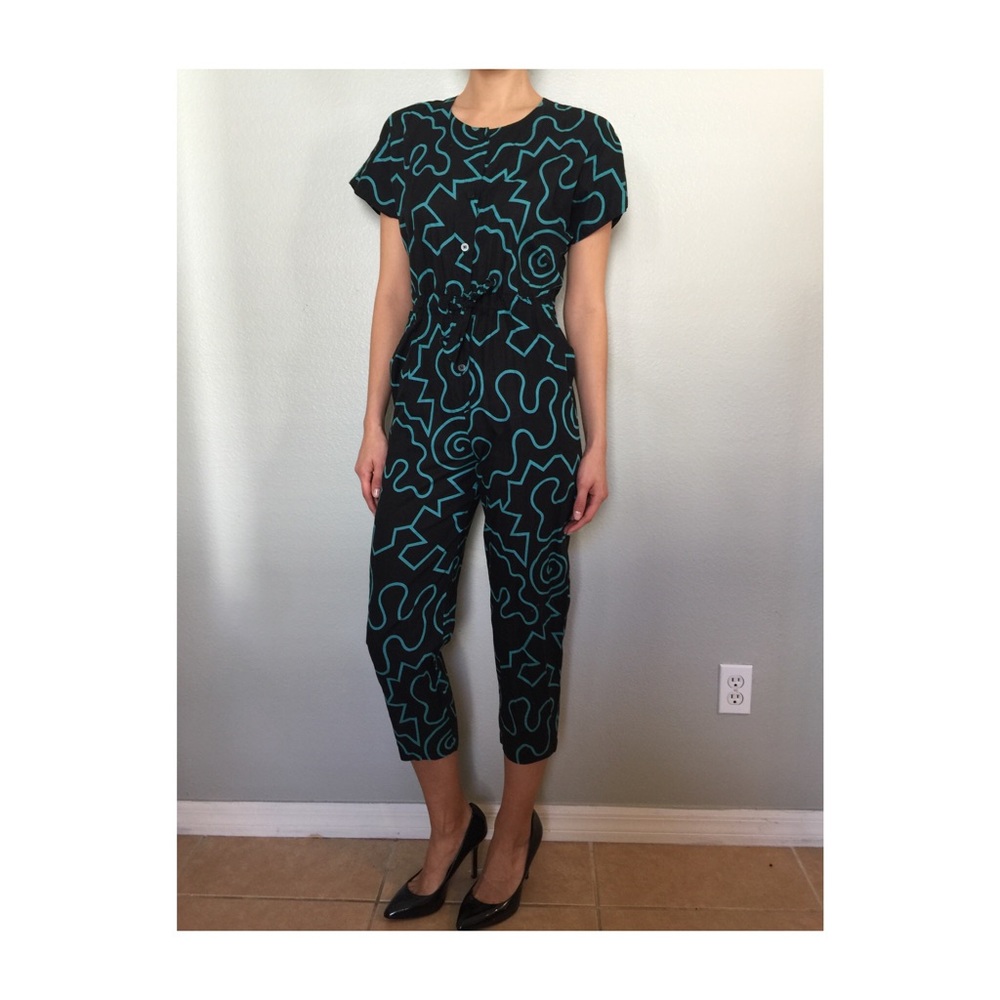 Vintage Mondi Black and Aqua button-down jumpsuit